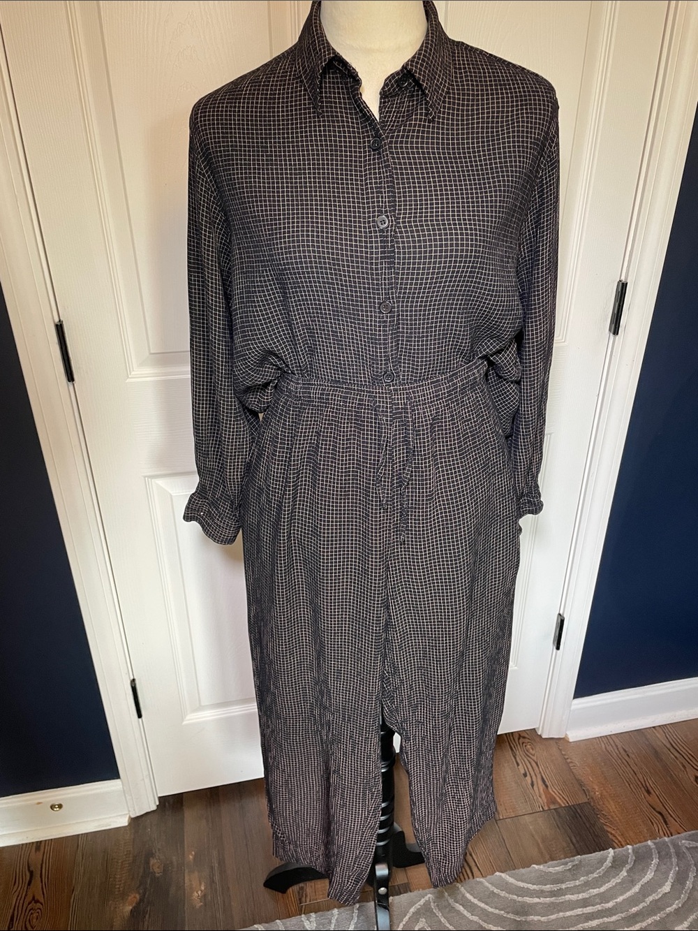 Vintage Jones NY Black & White Checked Button-Up Matching Set Elastic Waist Pant